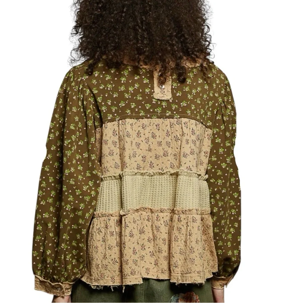 POL L Floral Patchwork Blouse - Brown and Tan Pearl Accents - Picture 3 of 13